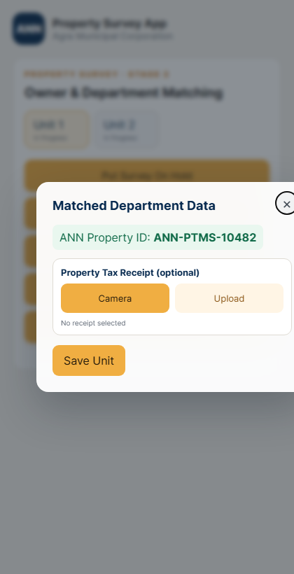 Matched Department Data modal with receipt and Save Unit options