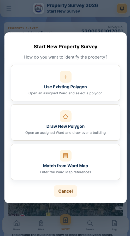 Start New Property Survey method selection